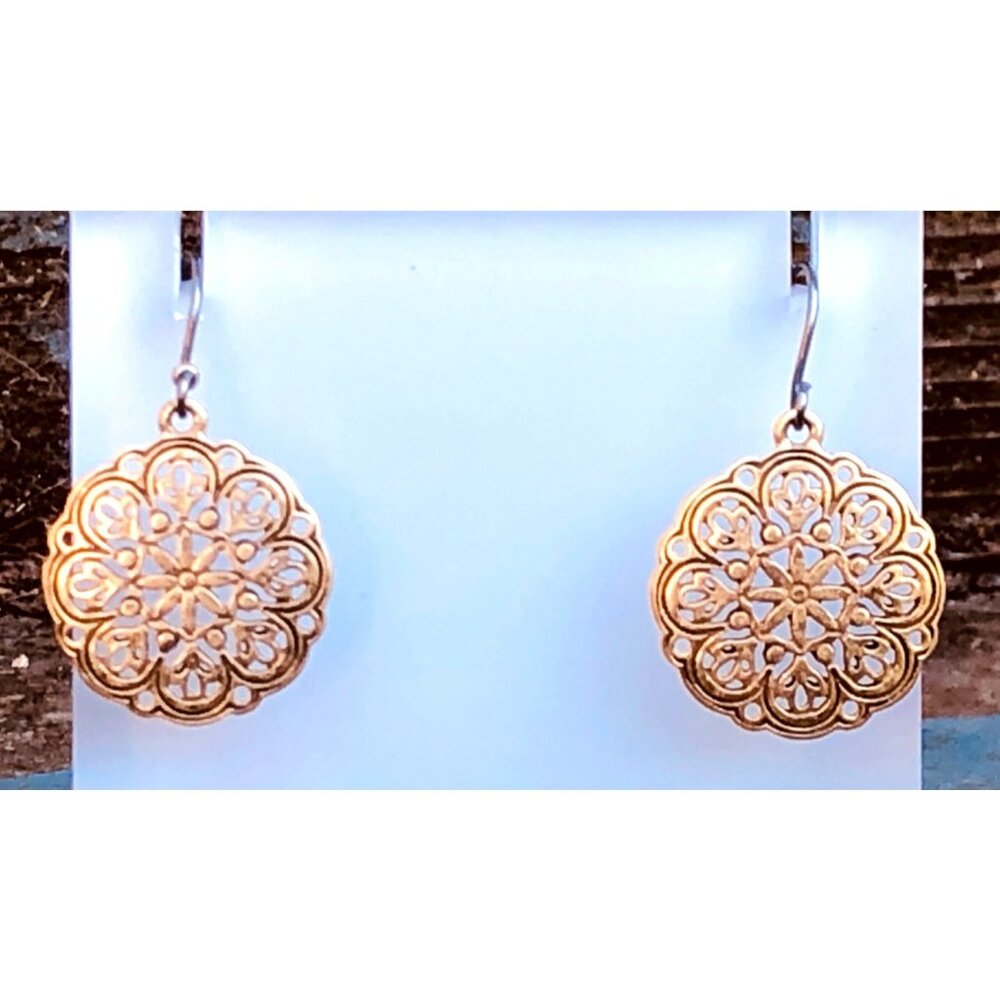 Gold Tone Openwork Filagree Mandala Drop Earrings - Picture 1 of 2